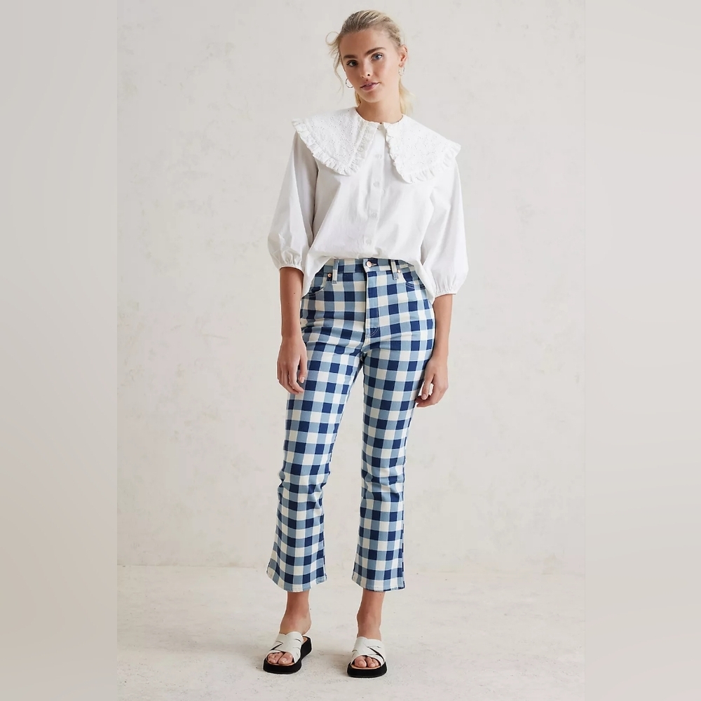 Wrangler Wrock 672 High-Rise Kick Flare Jeans Size 26 Blue Gingham